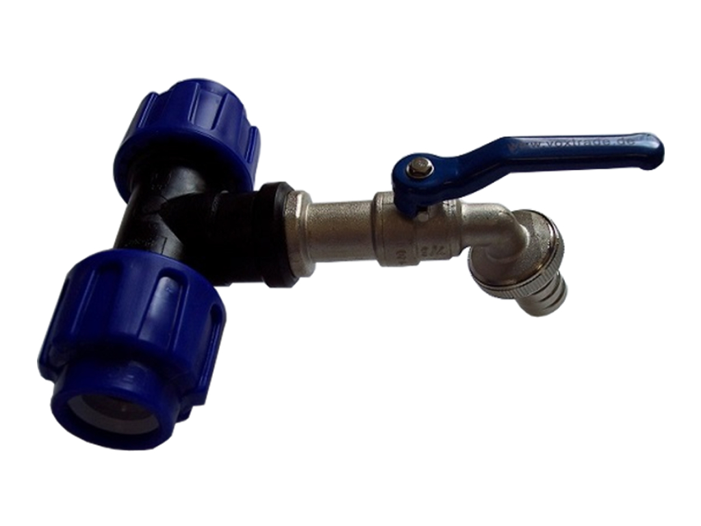 PE Rohr T- Verbindung 25mm mit 1" Kugelauslaufhahn (Bild für) PE Rohr T- Verbindung 25mm mit 1" Kugelauslaufhahn
